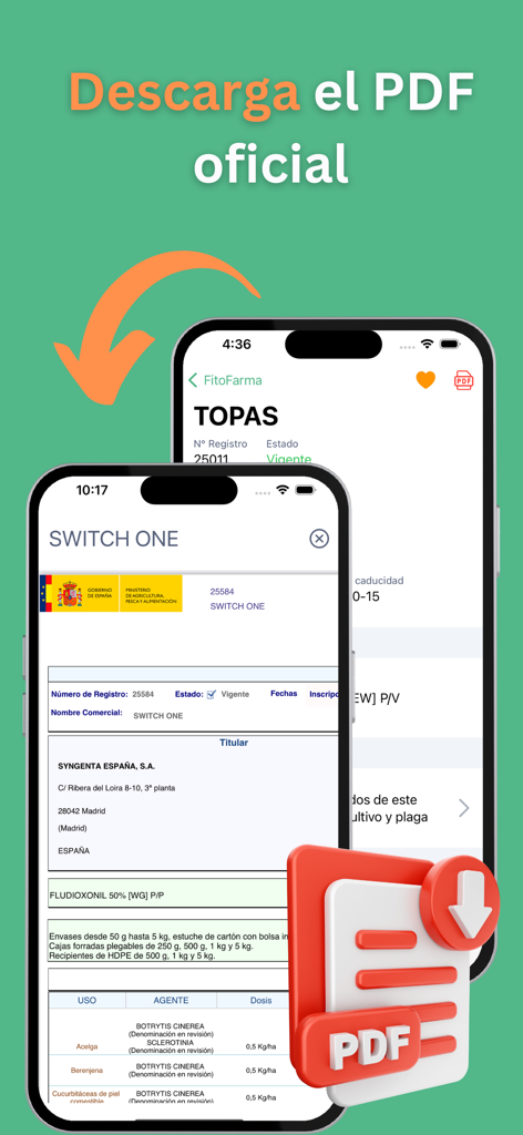 Dos iPhones que muestran documentos PDF oficiales de productos fitosanitarios y un icono de descarga en la aplicación FitoFarma
