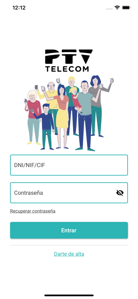 Login screen of the Mi PTV app by PTV Telecom with fields for user identification and password