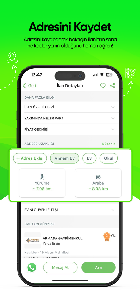 Emlakjet: Emlak Ara & İlan Ver - Emlakjet app interface showing walking and driving distance calculation from a saved address to a real estate listing