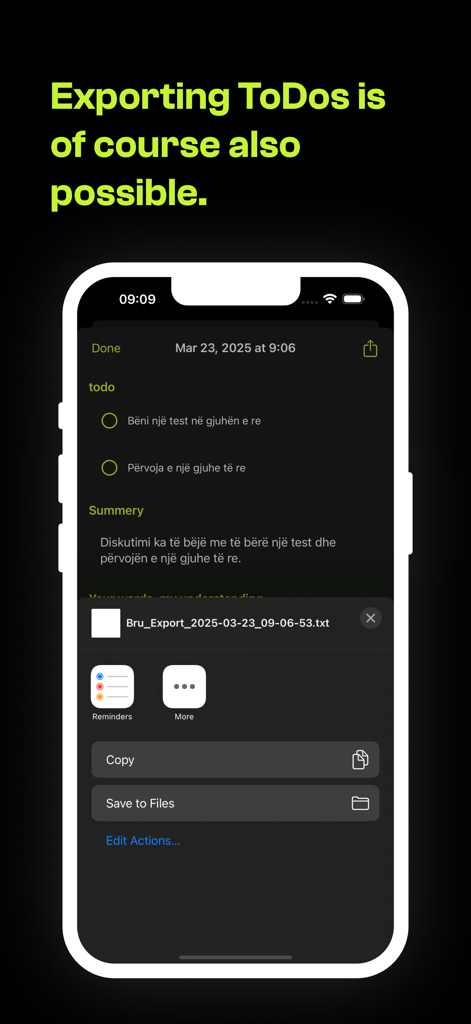 Screenshot of the bru todo app interface showing how to export task lists and summaries on an iPhone.