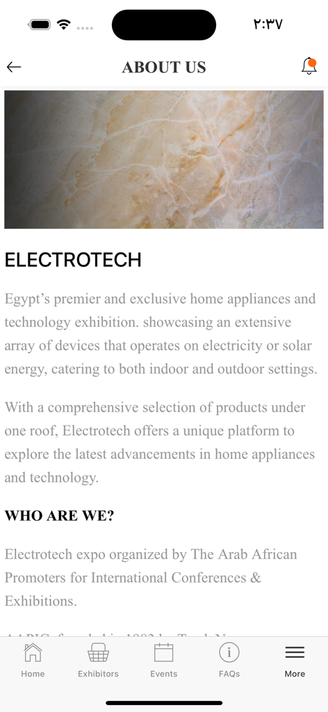 Electrotech - The About Us page of the Electrotech app describing the home appliances and technology exhibition.