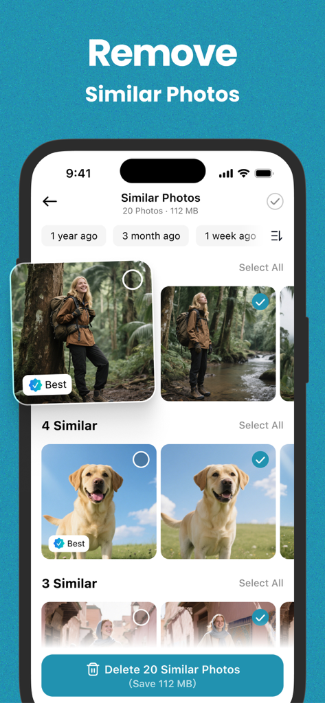 Mobile app interface showing the removal of similar photos of a hiker and a dog to free up 112MB of storage space.