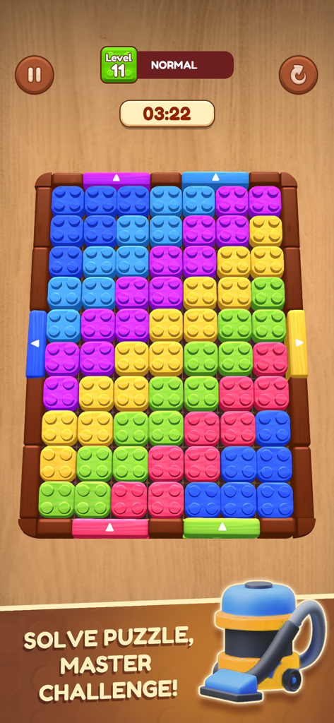 Wooden Slide: Block Escape - Um screenshot de jogabilidade de Wooden Slide Block Escape mostrando blocos coloridos em um tabuleiro de puzzle de madeira no nível 11.