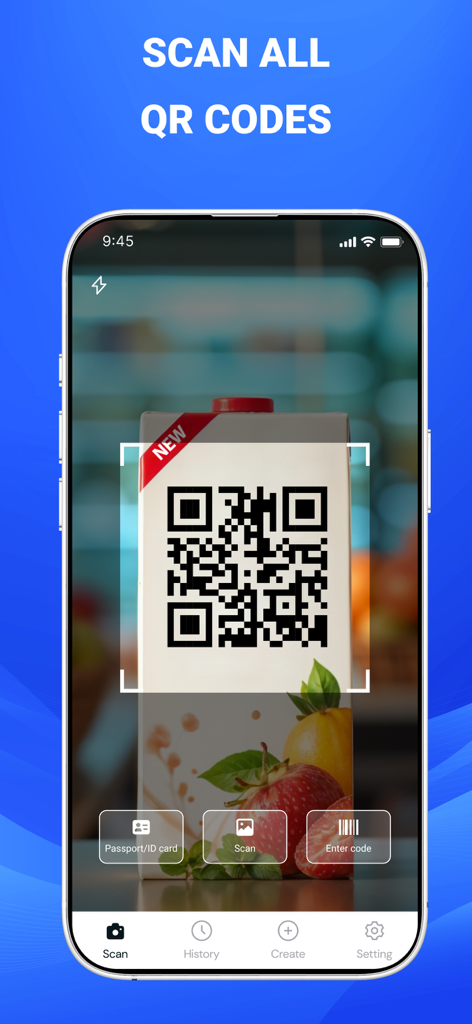 iQR Scanner Pro app interface scanning a QR code on a juice carton with options for history and creation