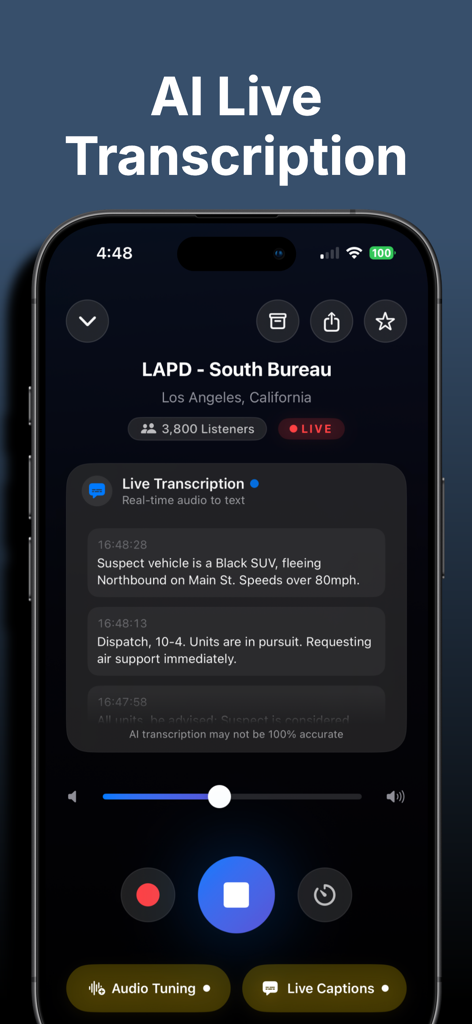 Police Scanner: Crime Radar - Interfaz de smartphone de la aplicación Escáner Policial que muestra la transcripción por IA en tiempo real del audio del despacho del LAPD.