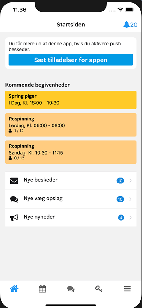The home screen of the goMember app displaying upcoming club events and notification alerts for news and messages.