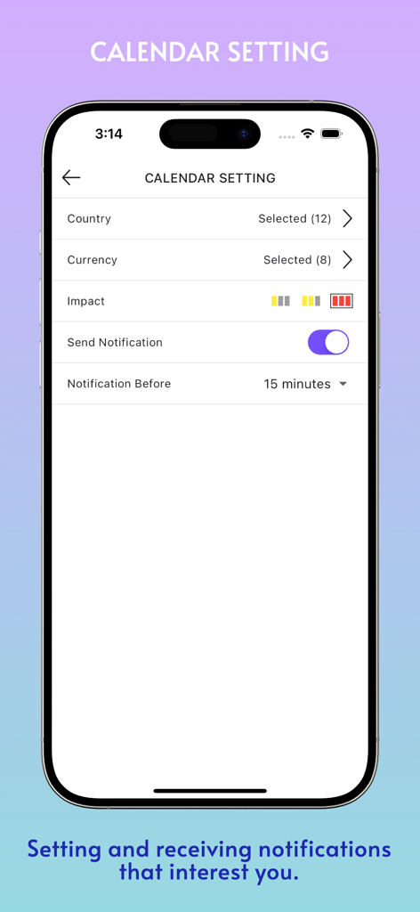 Forex Smart Alert interface for configuring economic calendar notifications by country and impact level