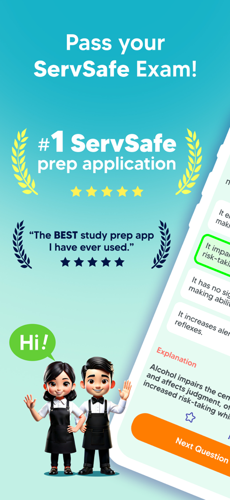 ServSafe: Practice Test Prep - Interfaz de la aplicación ServSafe Practice Test Prep que muestra preguntas de estudio y personajes de trabajadores de hostelería