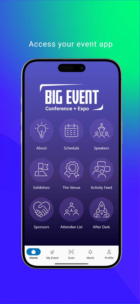 Main interface of the Entegy Events app featuring tools for schedule management and networking at a conference.