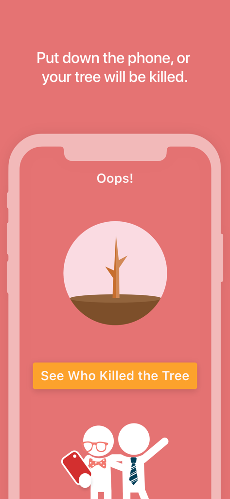 Screen showing a killed tree in the Flora app with a button to see who lost focus.