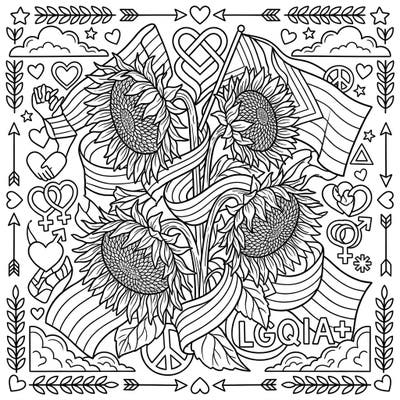 Embrace the spirit of growth and love with this powerful coloring page, blending the beauty of wilting sunflowers with the vibrant message of Pride. It's a thoughtful way to celebrate diversity and the journey of life.