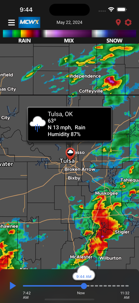 MCWX - MCWX weather app interface showing a live radar map of Tulsa Oklahoma with rainfall overlays and local weather conditions
