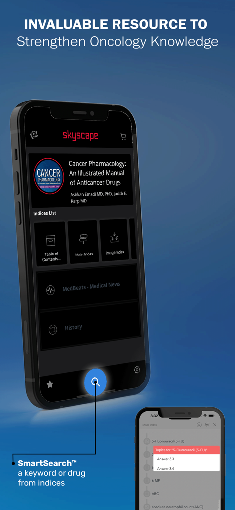 Cancer Pharmacology Manual - Teléfono inteligente que muestra la aplicación Manual de Farmacología Oncológica con su función SmartSearch e índices de fármacos.