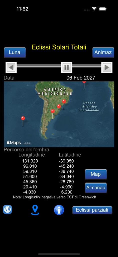 Total Solar Eclipses - Screenshot of the Total Solar Eclipses app displaying the path of the lunar umbra over South America with precise geographical coordinates.