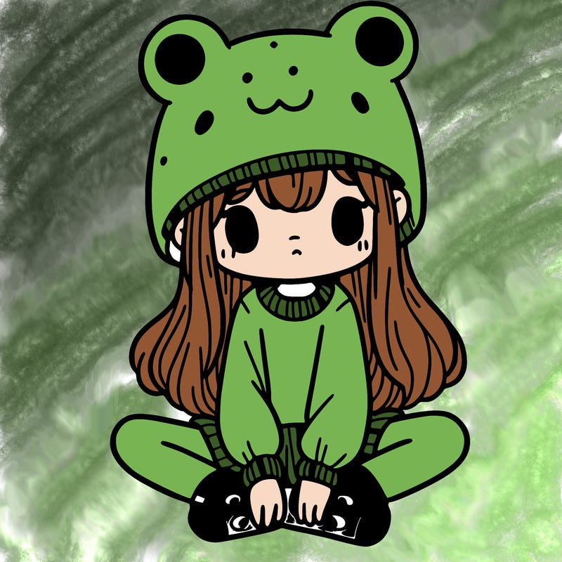 a girl wearing a frog hat and some frog socks