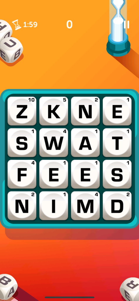 Gameplay screen of Boggle With Friends showing a 4x4 letter grid and a two minute countdown timer