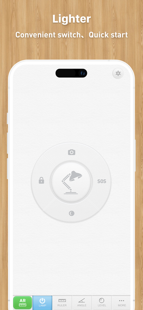 Capture d'écran de l'interface de la lampe de poche de l'application MyTools avec un cadran de contrôle circulaire minimaliste sur un fond blanc épuré.