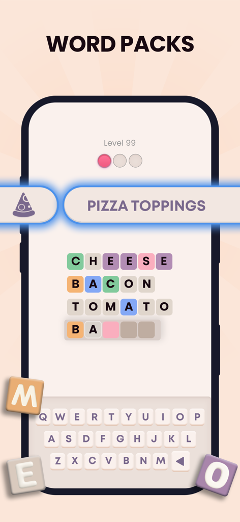 Gameplay of Word Wise showing word associations for pizza toppings including cheese bacon and tomato
