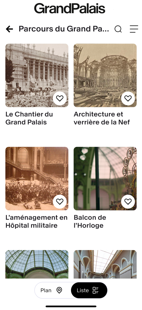 Grand Palais, Paris - Elenco di tour storici e architettonici nell'app Grand Palais che mostra foto vintage e percorsi di scoperta