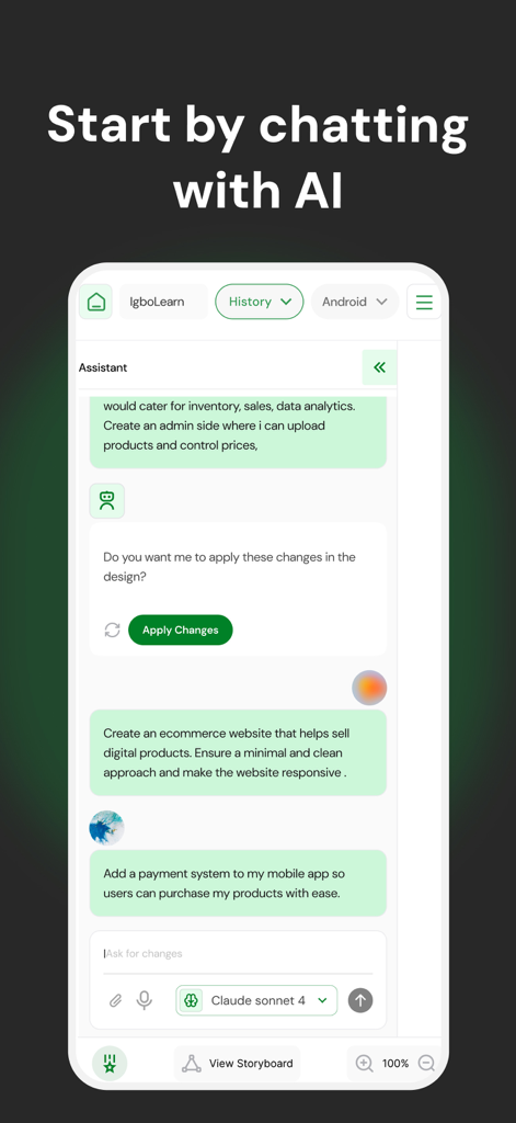 Schermata mobile di AppForceStudio che mostra l'interfaccia chat IA utilizzata per generare e modificare funzionalità dell'applicazione tramite prompt di testo