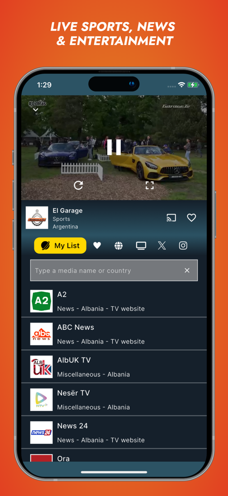 Orbitv: Live TV, IPTV Player - Orbitv app displaying a live sports video and a list of international TV channels
