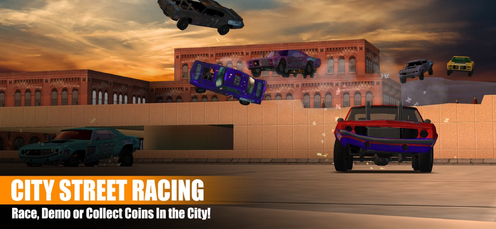 Múltiples coches chocando y volando por los aires durante una carrera callejera en Circuit Demolition 2