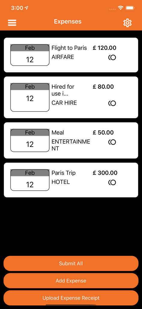 Mileage Track - Business expense list in the Mileage Track app showing logged costs for airfare car hire and meals