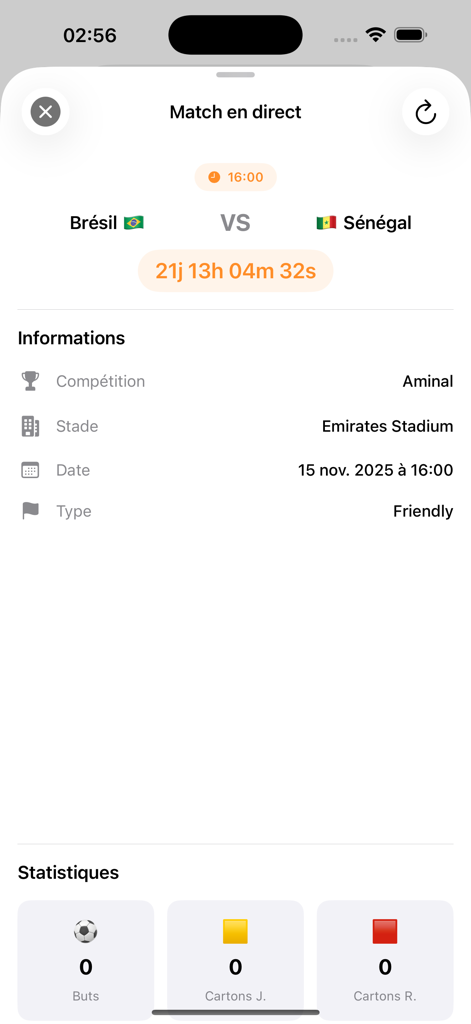 Anteprima di una partita di calcio amichevole tra Brasile e Senegal nell'app Actu Sénégal.