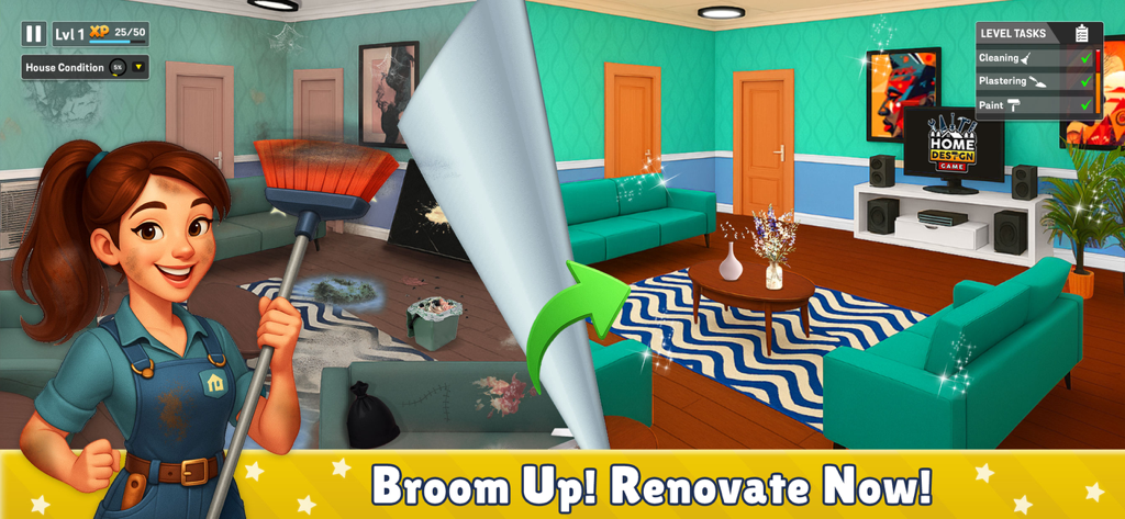 Dream House Design: Home Games - Before and after comparison of a living room renovation in a home design game