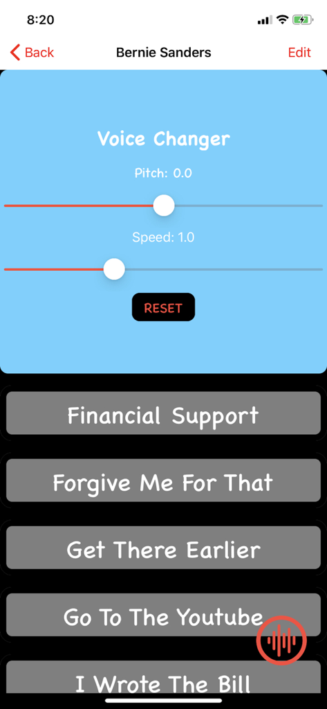 Gaffe: Political Soundboard - Voice changer interface for Bernie Sanders in the Gaffe Political Soundboard app showing pitch and speed controls alongside famous sound clips.