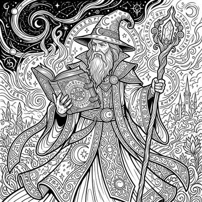 Dive into a realm of enchantment with this exquisitely detailed wizard coloring page, designed specifically for adult colorists. Explore intricate patterns, mystical symbols, and celestial backdrops as you bring this wise sorcerer to life.
