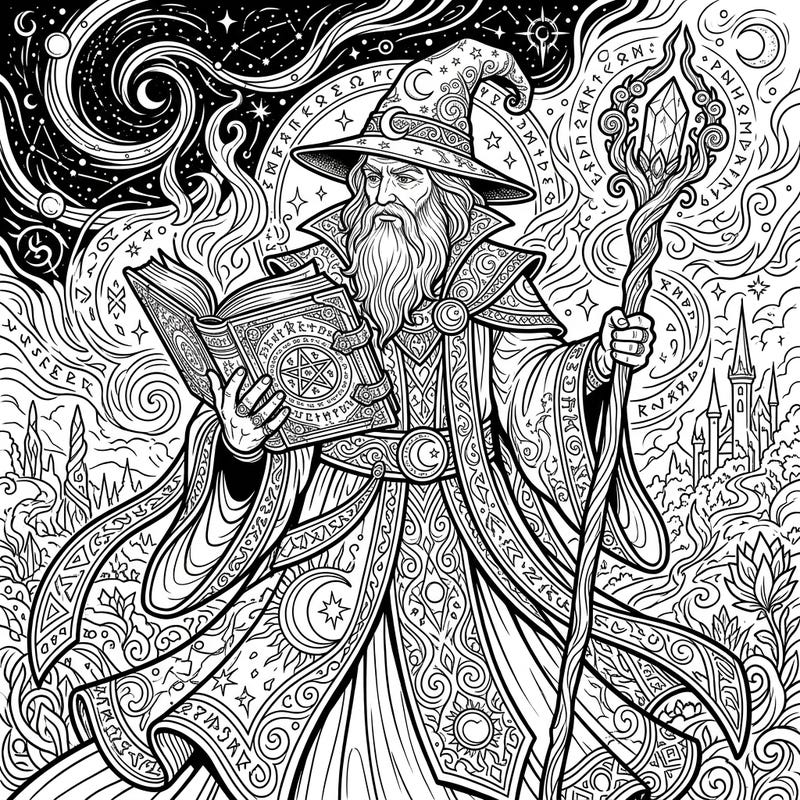 Dive into a realm of enchantment with this exquisitely detailed wizard coloring page, designed specifically for adult colorists. Explore intricate patterns, mystical symbols, and celestial backdrops as you bring this wise sorcerer to life.