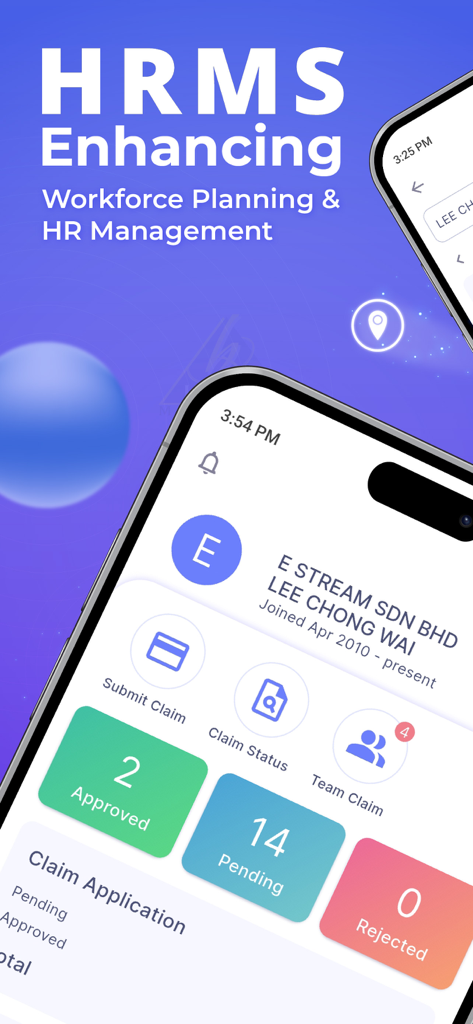 SQL HRMS - SQL HRMS app interface showing the claim application dashboard with pending and approved statuses