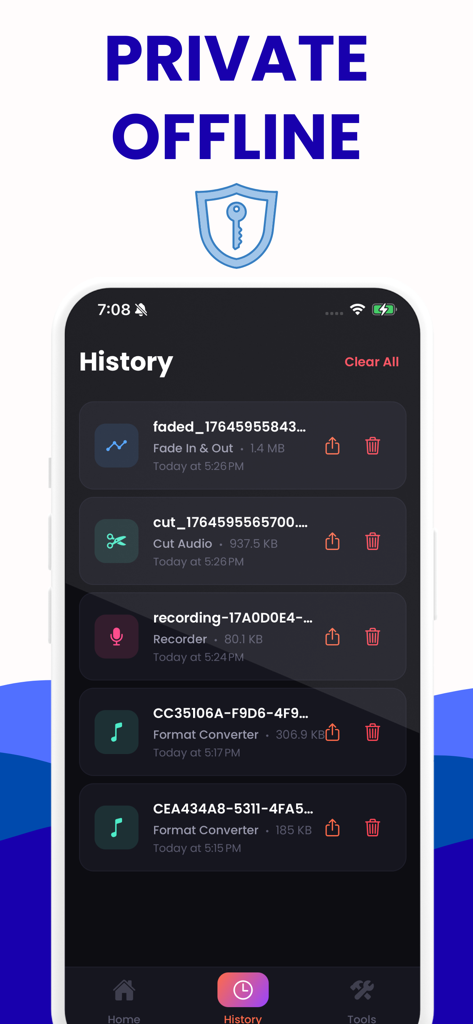 A history screen within the Audio Converter app showing a list of recently edited and converted audio files like recordings and cuts.