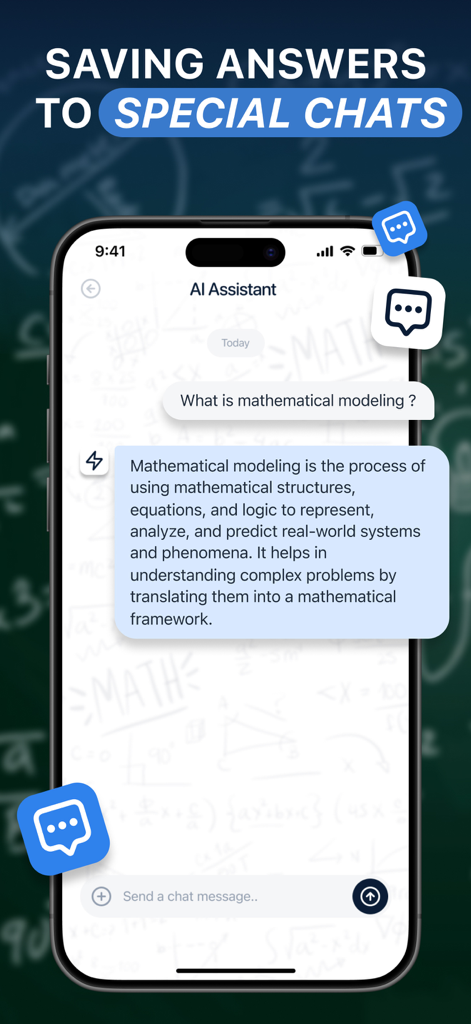 Un smartphone mostrando una conversación con un asistente de matemáticas IA que explica modelado matemático con el titular guardando respuestas en chats especiales