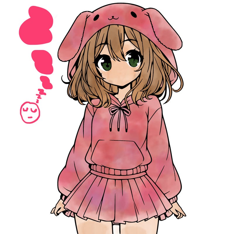 pretty anime girl wearing a fluffy hoodie with bunny ears on the hood and a skirt