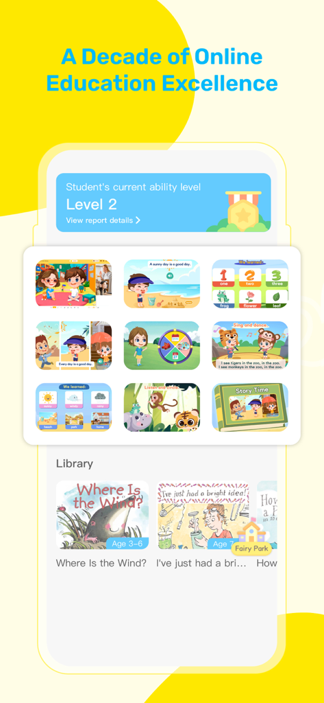 51Talk - 生徒の能力レベルと子供向けのインタラクティブなレッスンを含む教育ライブラリを表示する51Talkアプリのインターフェース