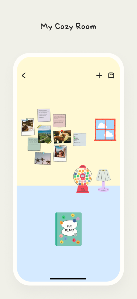 MOODA - MOODA app My Cozy Room feature showing a customizable virtual room with a digital diary and mood balls