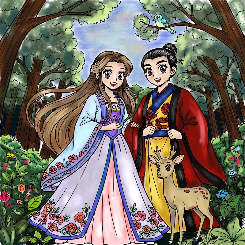 a princess with long hair, a delicate dress, and delicate features, in a beautiful forest, and a prince in the style of a chinese man.