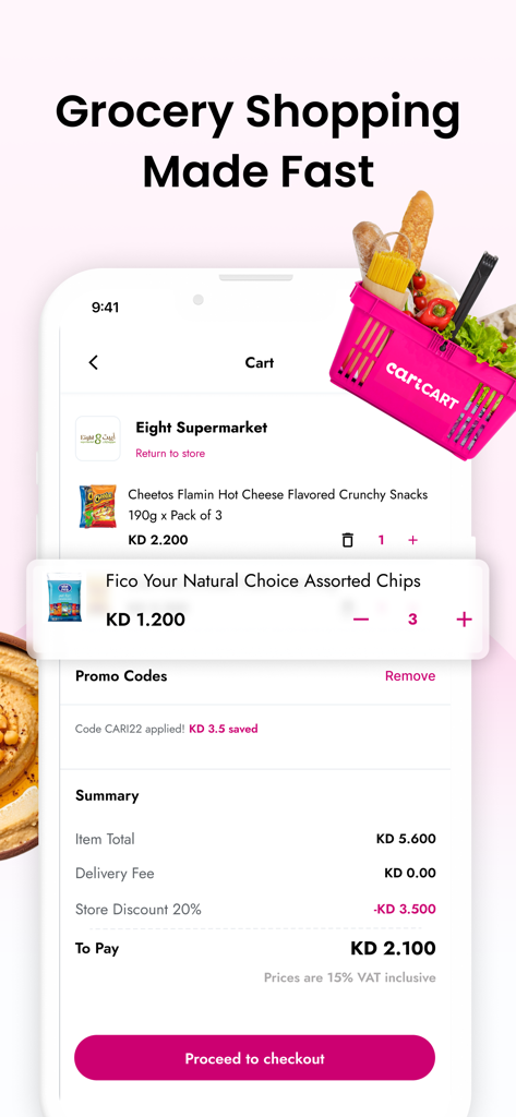 Cari: The best food delivered - Mobile phone screen displaying the Cari app grocery cart with snacks and a promo code discount applied