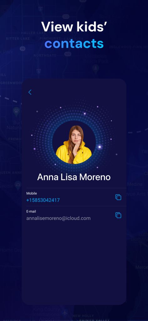 Eyezy - Pro Parental Control - Interfaz de la aplicación Eyezy que muestra la información de contacto de un niño, incluido el número de teléfono y el correo electrónico