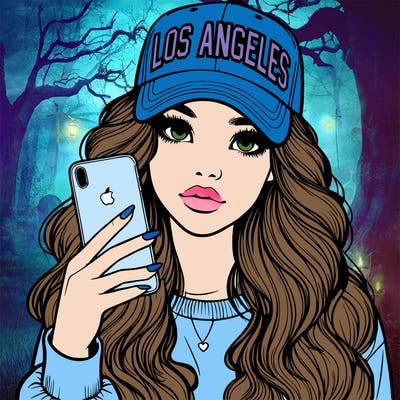 realistic beautiful girl wearing los ángeles cap holding an iphone