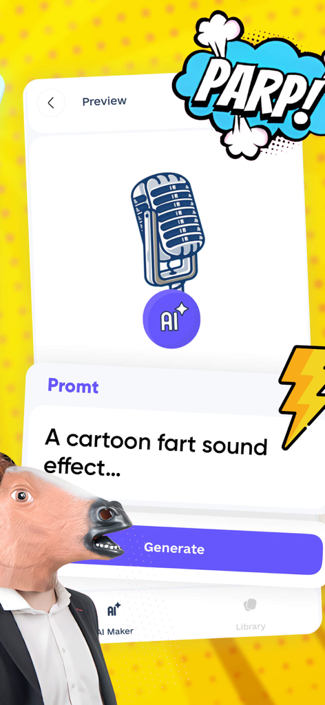 Interface do aplicativo Trocador de Voz Mágico mostrando a ferramenta Criador de Sons com IA com um prompt para gerar sons engraçados.