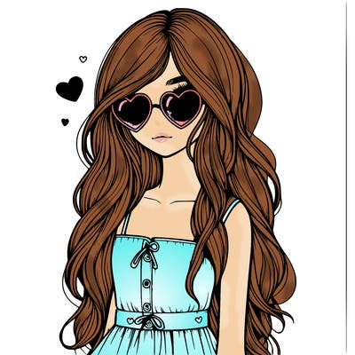 realistic girl valentine vibes long hair and cute clothes with heart sun glasses one girl