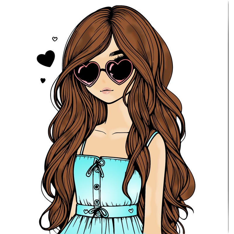 realistic girl valentine vibes long hair and cute clothes with heart sun glasses one girl