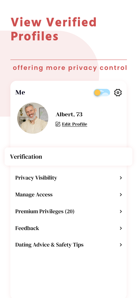 SeniorMatch® - Dating Over 50 - Pantalla de perfil de la aplicación SeniorMatch que muestra configuraciones de privacidad y verificación