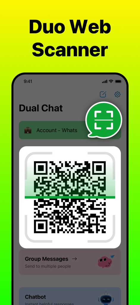 Dual Messenger, Whats Web Chat - Smartphone screen showing the Duo Web Scanner interface with a QR code for dual account login