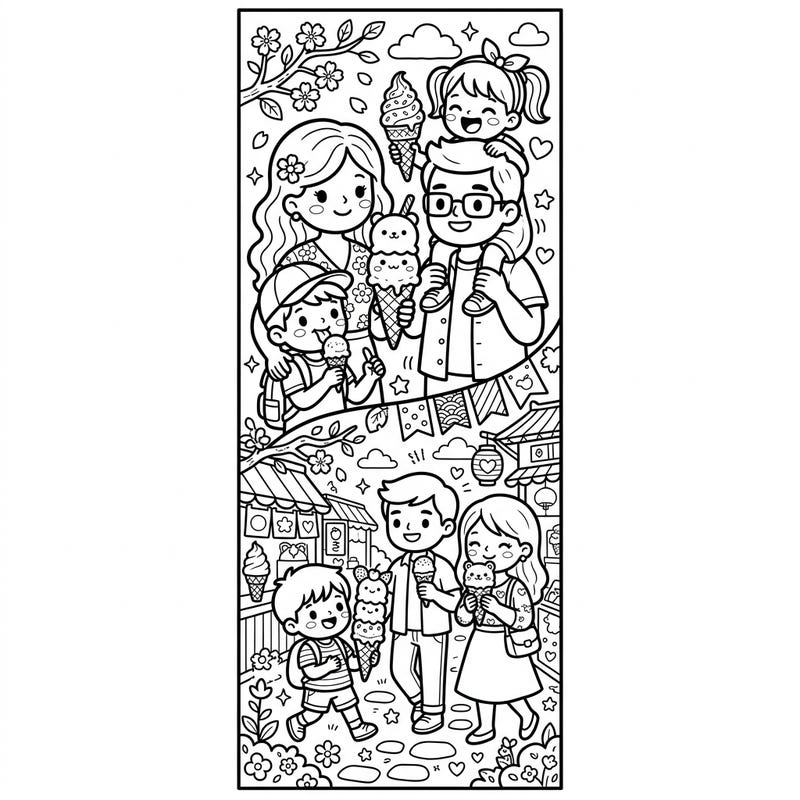 Celebrate family and sweet treats with this adorable Kawaii ice cream bookmark coloring page. Perfect for keeping your place in your favorite book after a fun coloring session.