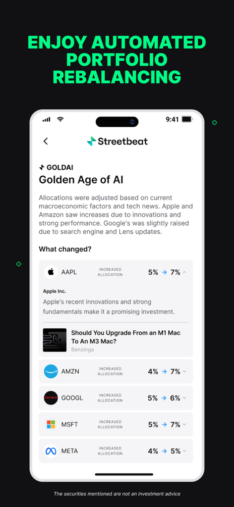 Streetbeat mobile app screen displaying automated stock portfolio rebalancing for an AI themed investment fund.