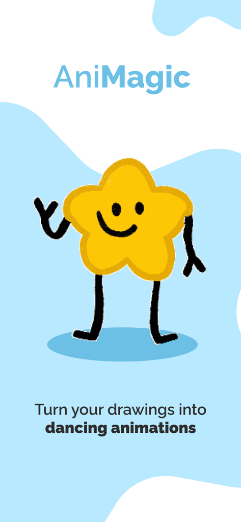 AniMagic app intro screen with a hand-drawn yellow star character and the text Turn your drawings into dancing animations.